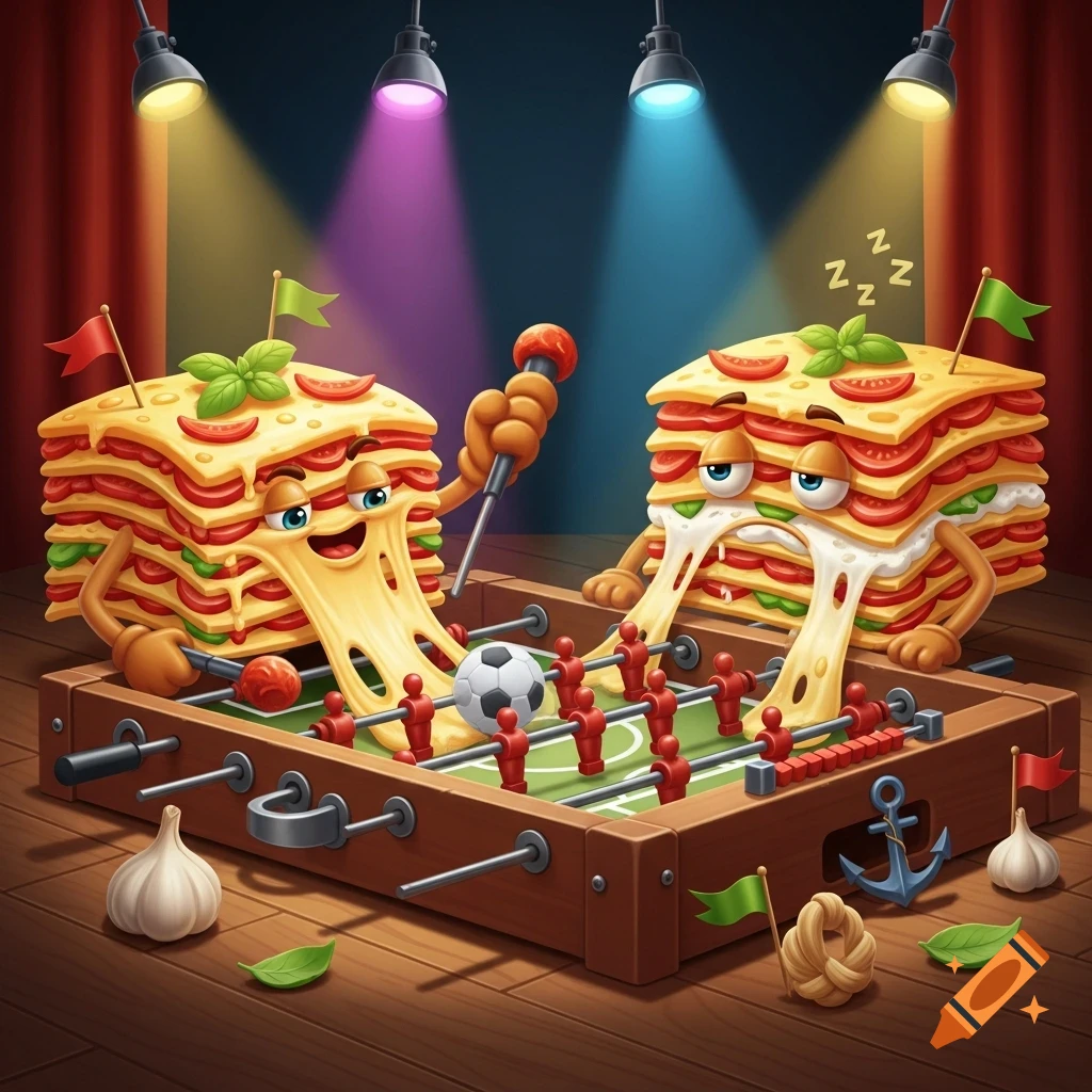 Cartoon lasagnas playing foosball on a stage with colorful spotlights, one smiling and one sleepy.