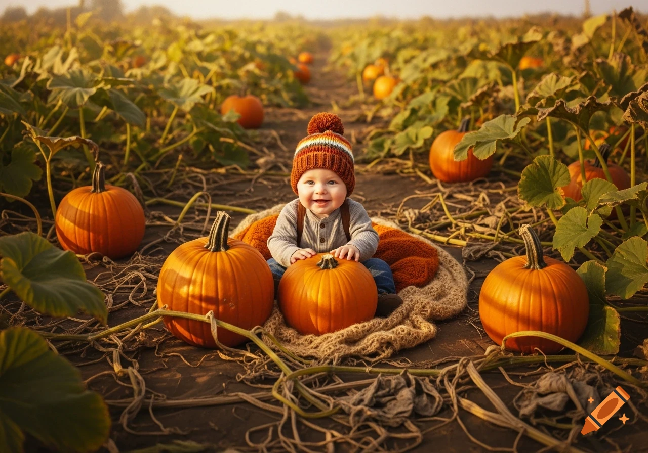 A smiling baby in a winter hat and suspenders sits amidst pumpkins in a sunny pumpkin patch, photorealistic.