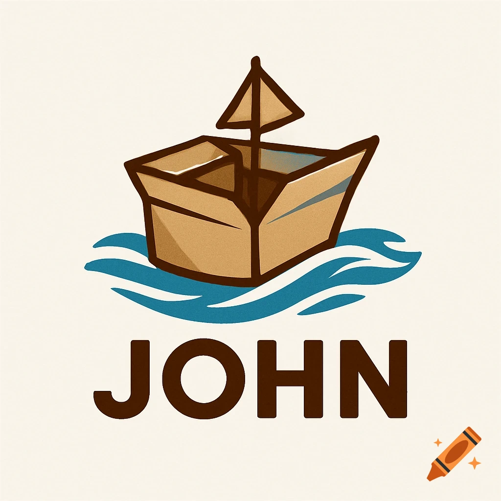 A stylized logo featuring a brown cardboard box boat with a sail floating on blue waves, with the name "JOHN" in bold brown text below.