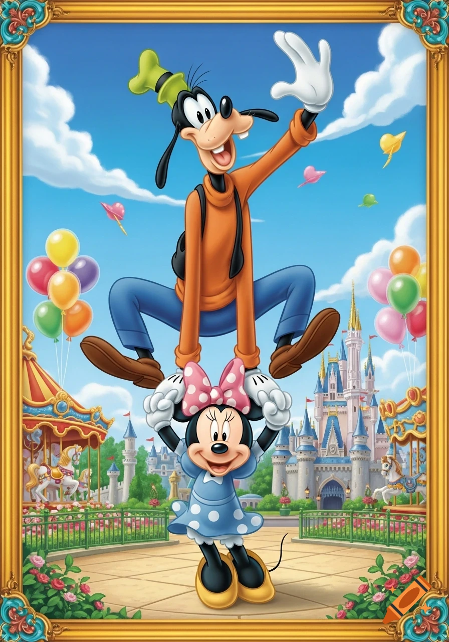 Goofy sits on Minnie Mouse's shoulders in a colorful cartoon illustration of a Disney theme park with a castle and carousel.