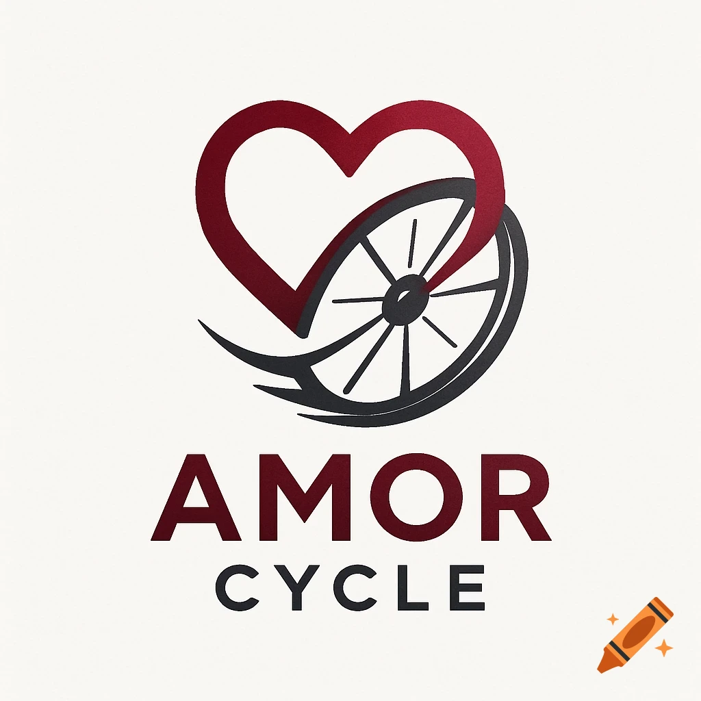 Logo with a red heart and a black bicycle wheel intertwined, above red 'AMOR' and black 'CYCLE' text.