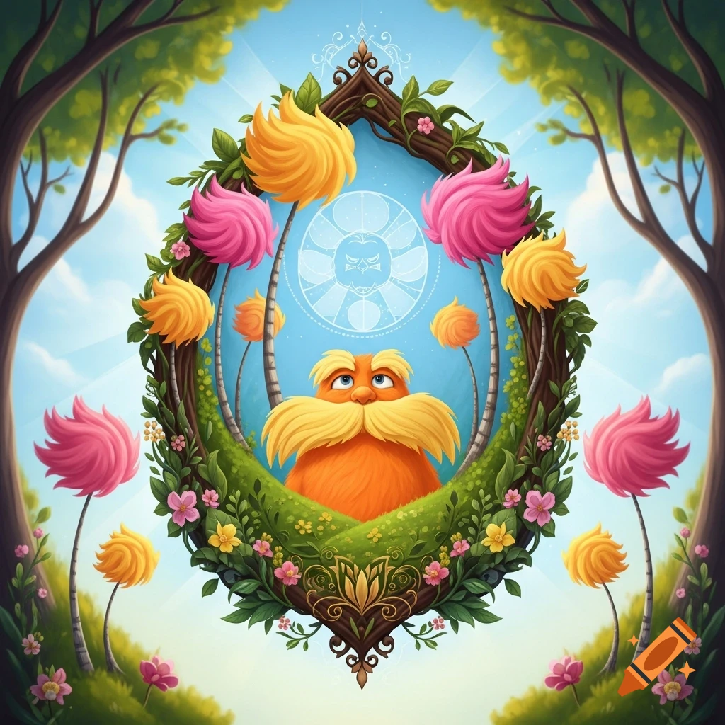 A whimsical, cartoonish Lorax-like character with an orange mustache looks up from an ornate, leafy oval frame, surrounded by colorful Truffula trees.