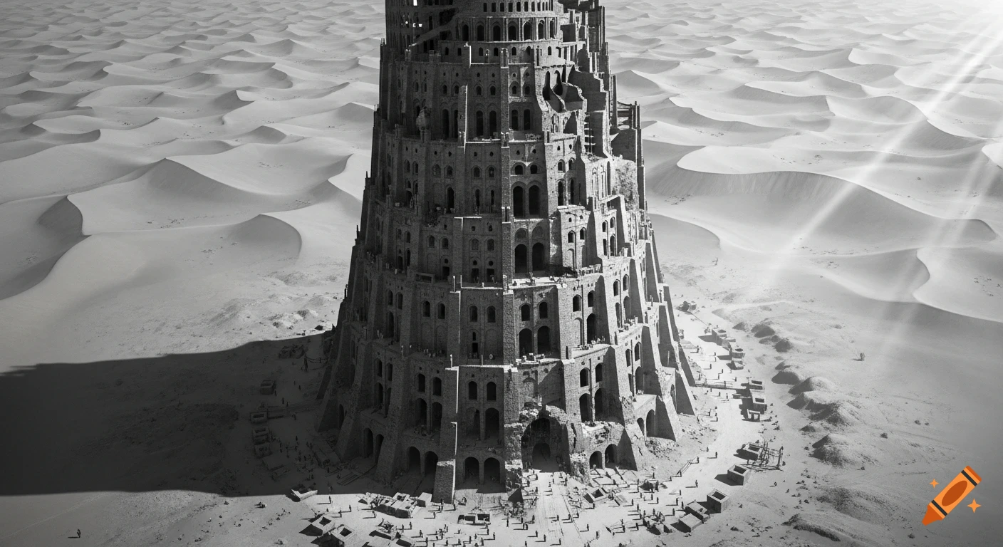 Massive black and white ancient spiraling stone tower in a vast desert with dunes, dramatic lighting, and tiny human figures at its base.