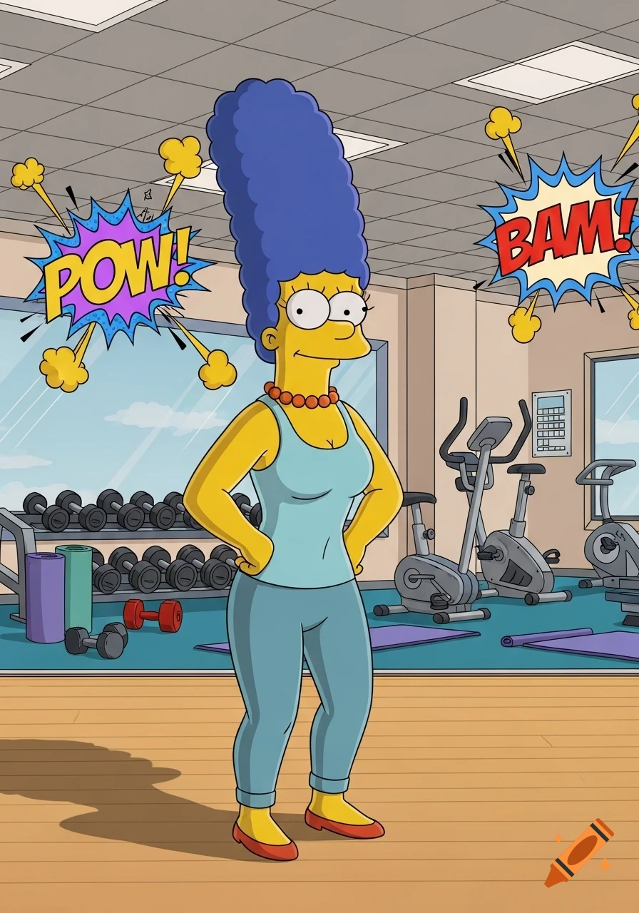 Marge Simpson in a gym wearing a light blue tank top and pants, posing with hands on her hips, with comic speech bubbles.
