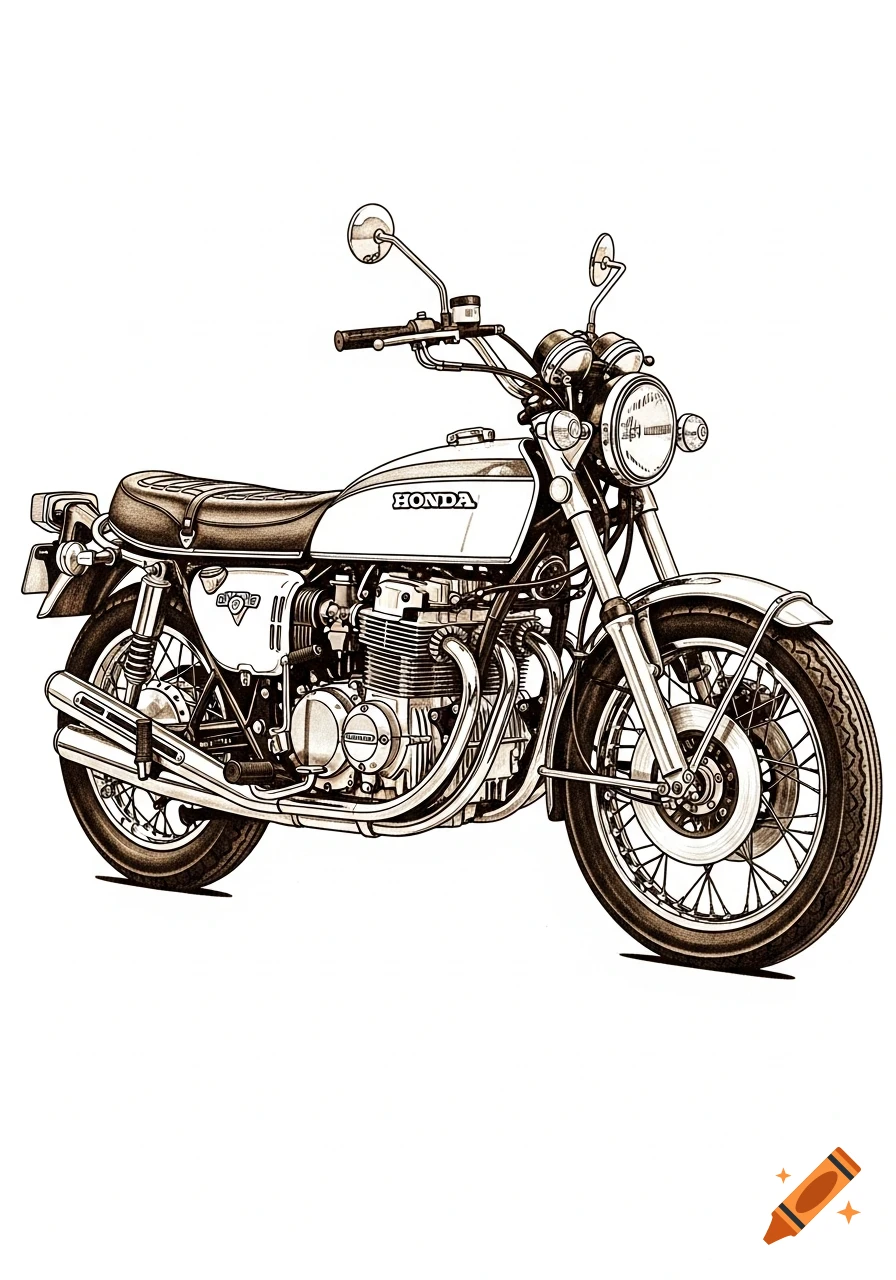 Detailed black and white illustration of a classic 1970s Honda CB350 motorcycle, featuring sharp outlines and distinct parts.