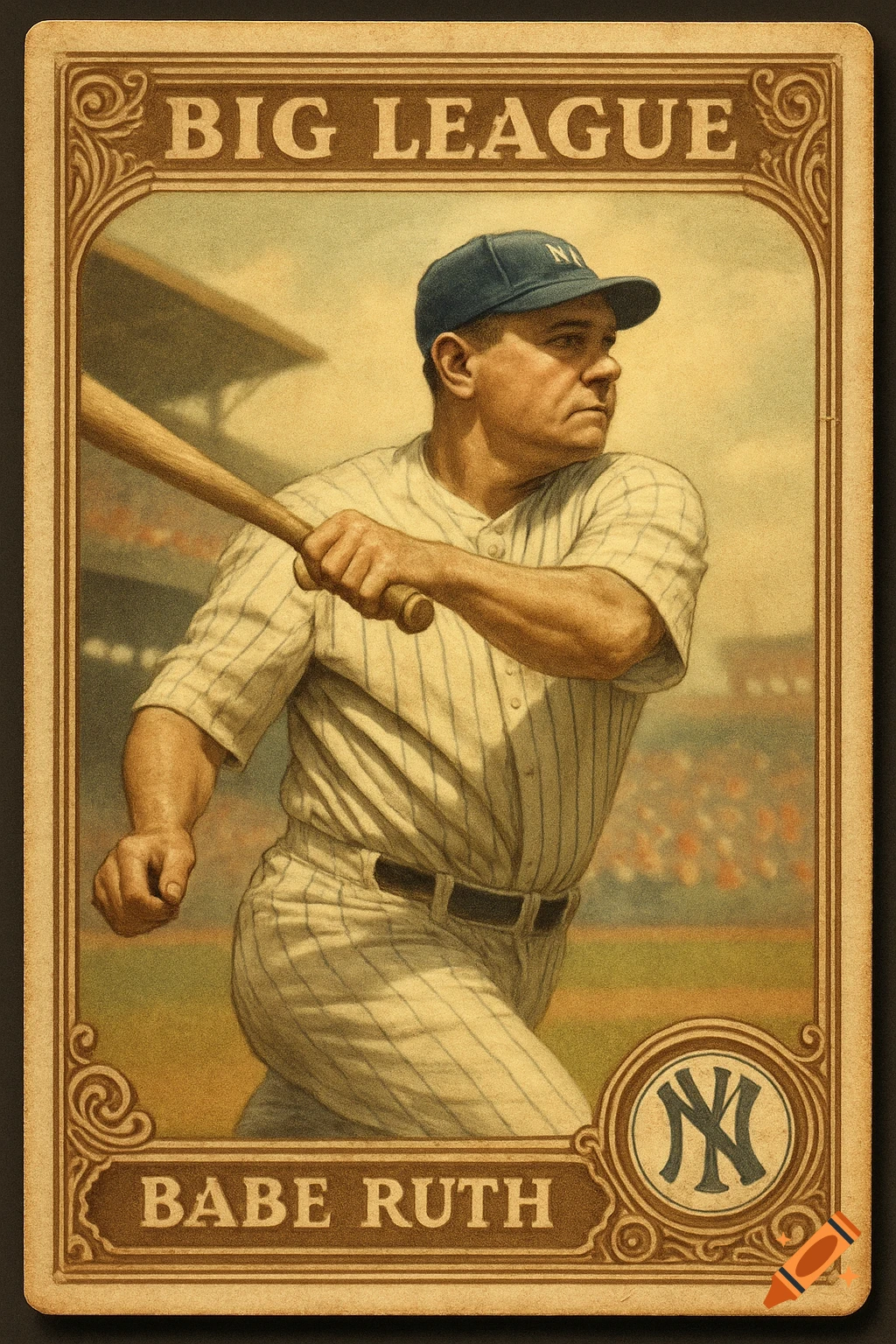 Vintage baseball card illustration of Babe Ruth in a Yankees uniform, holding a bat, with "BIG LEAGUE" and "BABE RUTH" text.