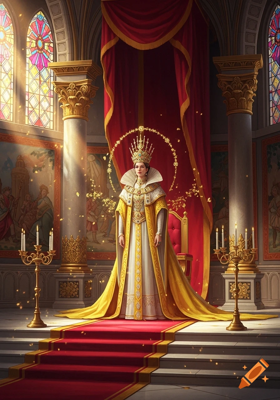 A queen in a white and gold gown, crown, and cape stands on a red carpet in a grand hall with stained glass windows, surrounded by golden particles.
