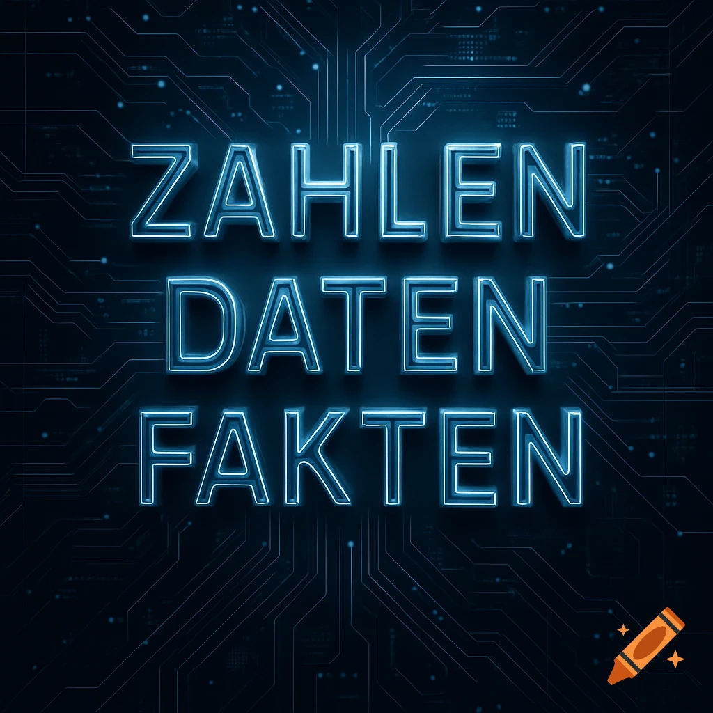 Neon blue 3D text 'ZAHLEN DATEN FAKTEN' (Numbers Data Facts) on a dark circuit board background in a cyber style.