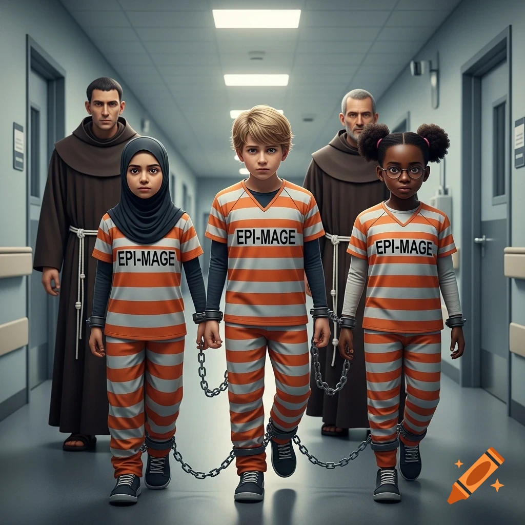 Three children in orange prison jumpsuits with "EPI-MAGE" text, chained together, are escorted by two robed men down a hospital or institutional hallway. Photorealistic style.