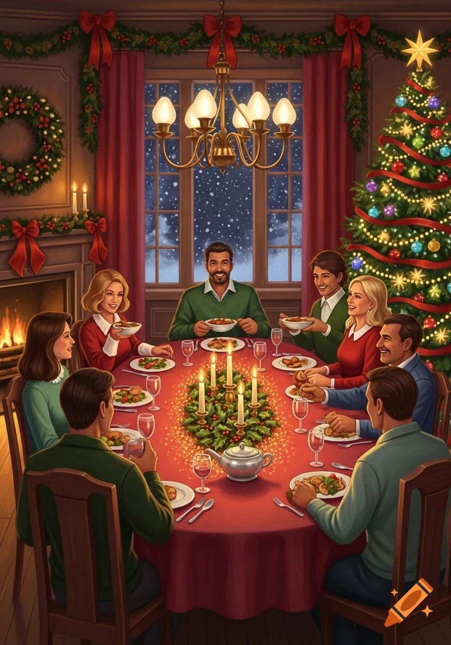 An illustrated Christmas dinner scene with eight people gathered around a festive table adorned with candles and a wreath, a Christmas tree, and a fireplace.