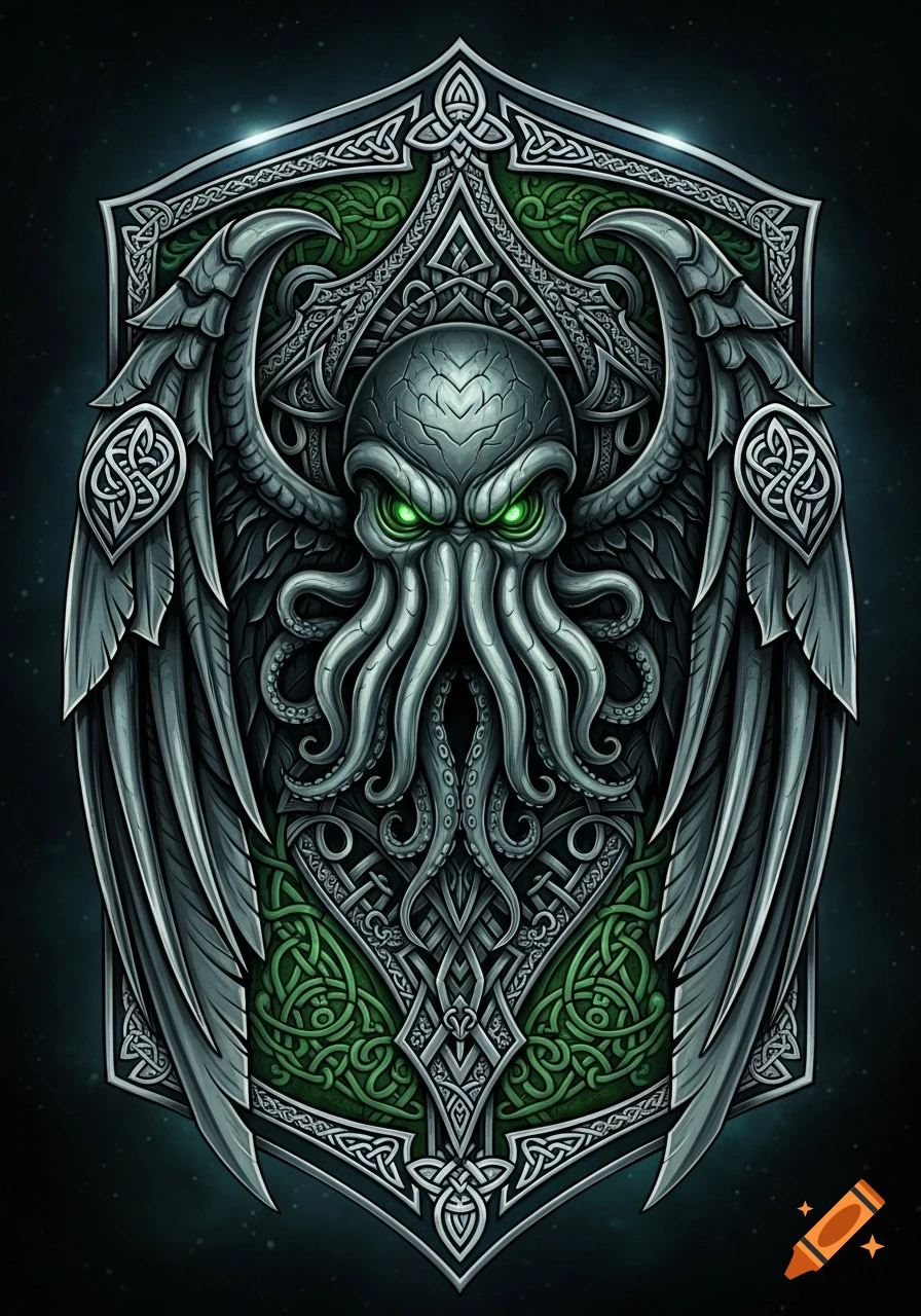 A detailed fantasy emblem features a Cthulhu-like creature with green glowing eyes and wings, adorned with silver and green Celtic knots.