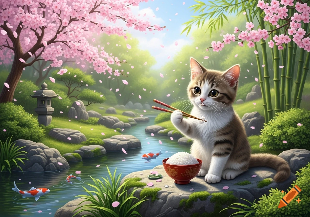 A cute tabby and white cat sitting on a rock in a Japanese garden, holding chopsticks to eat rice from a red bowl. Pink cherry blossoms fall into a stream with koi fish.