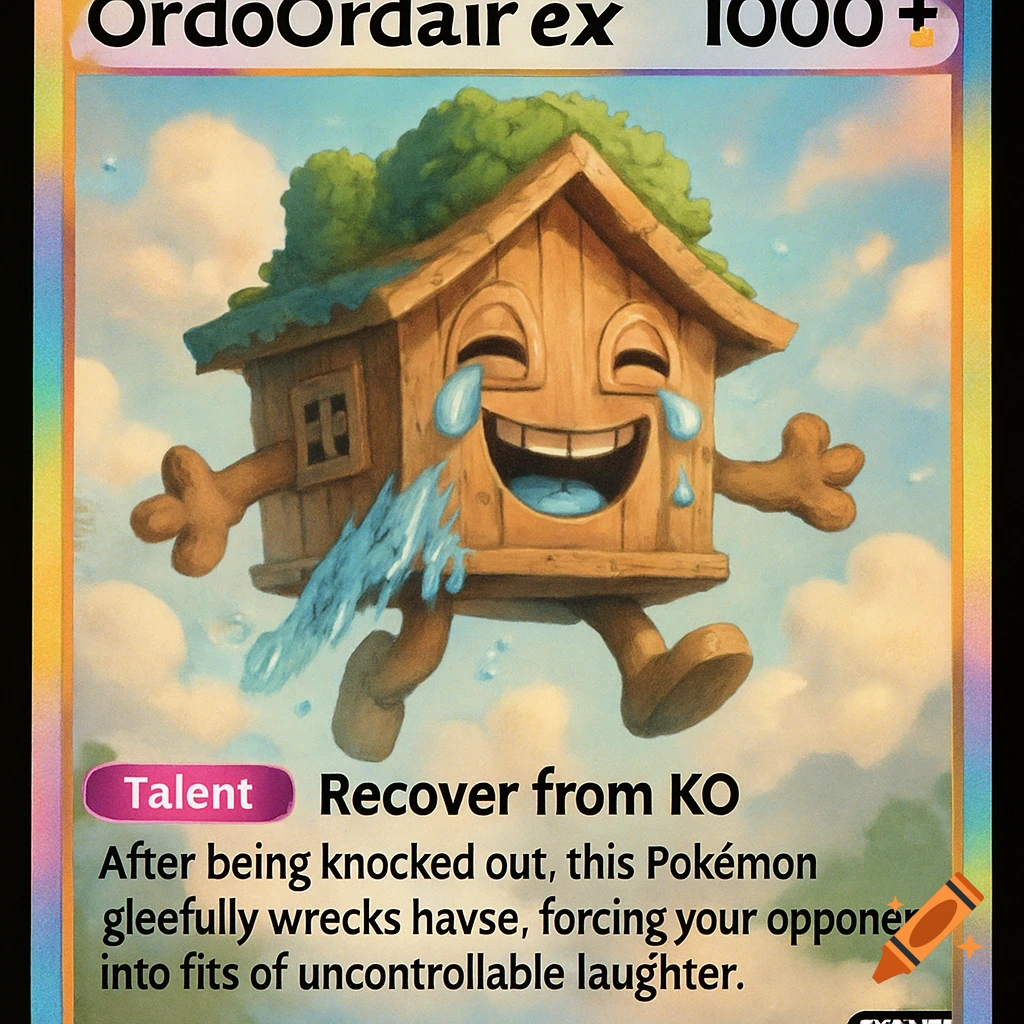 A cartoon Pokémon card with a smiling wooden house character that has arms, legs, and bushes on its roof.