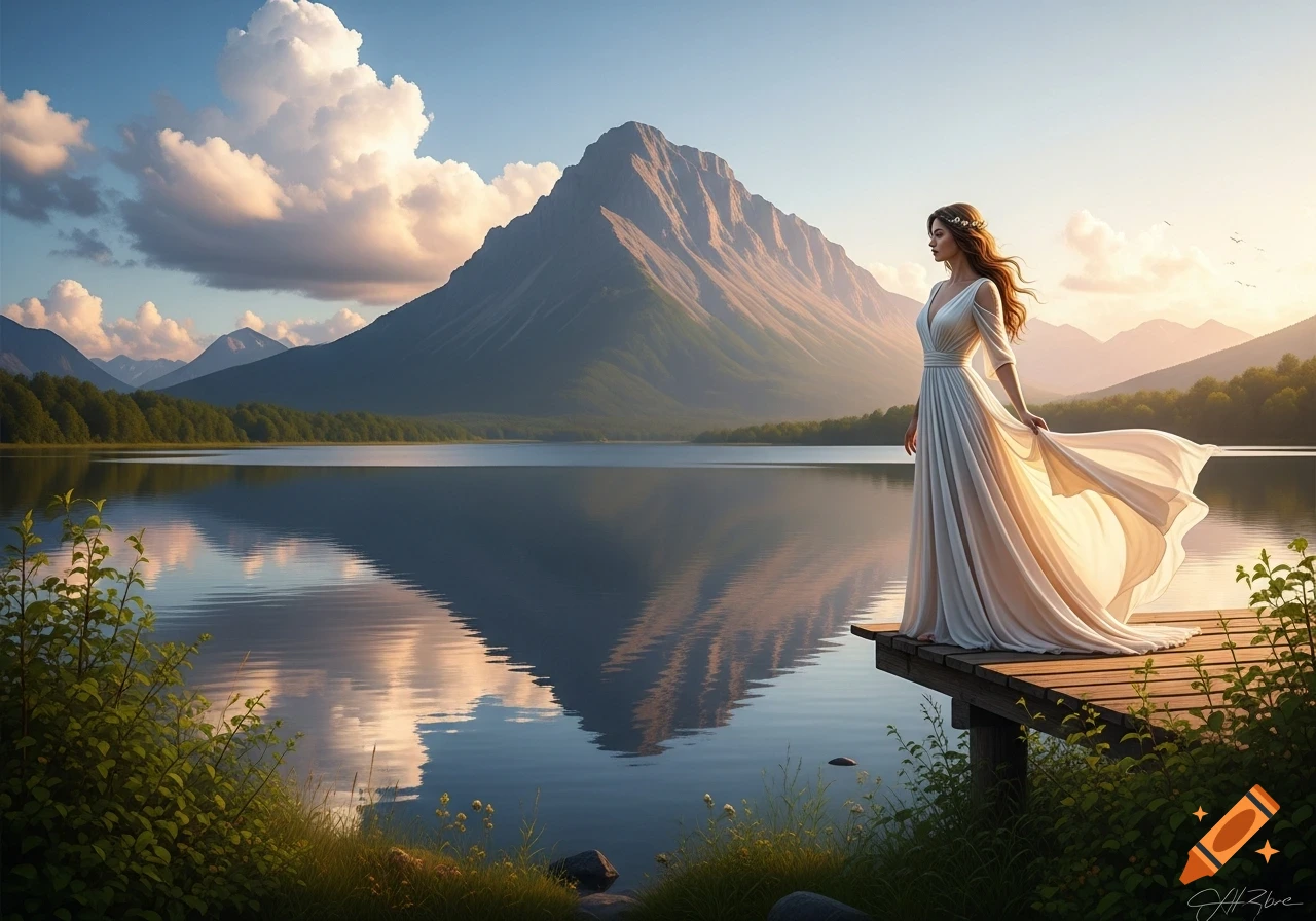 A woman in a flowing white dress stands on a wooden dock overlooking a ...