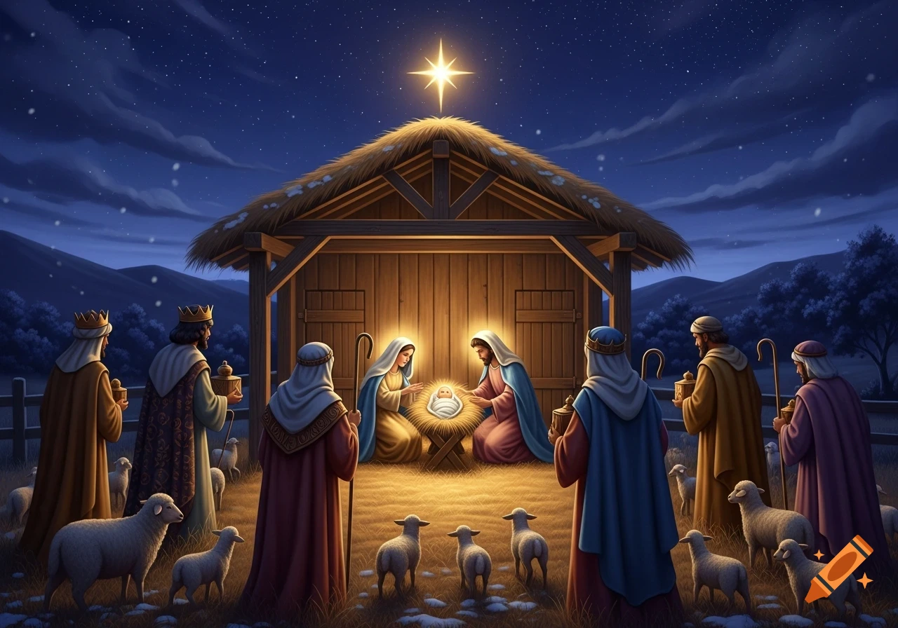 A starry night nativity scene with Mary, Joseph, baby Jesus, shepherds, wise men, and sheep gathered around a glowing stable.