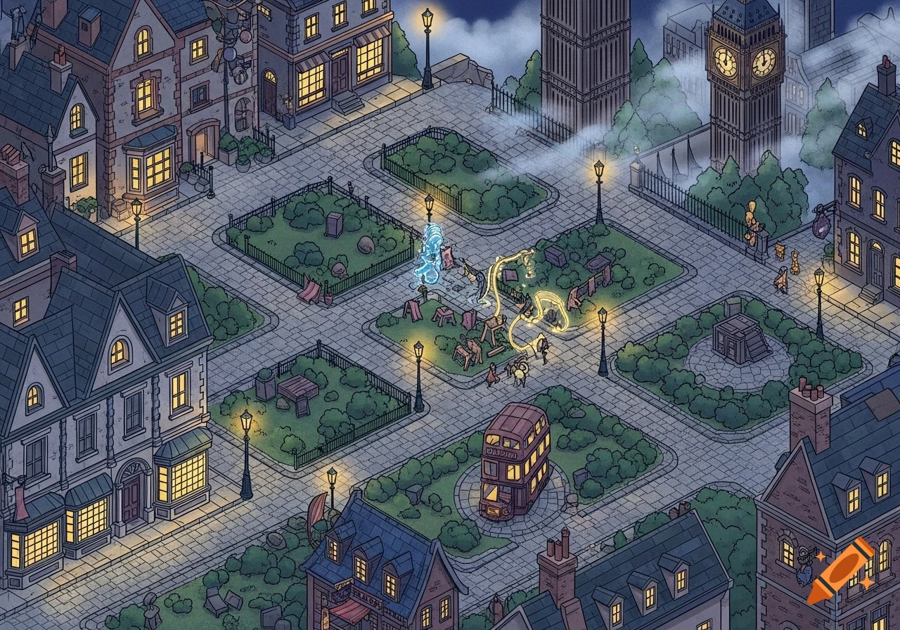 An isometric D&D battle map of a stylized London street at night with a double-decker bus, buildings, parks, and glowing magical figures.