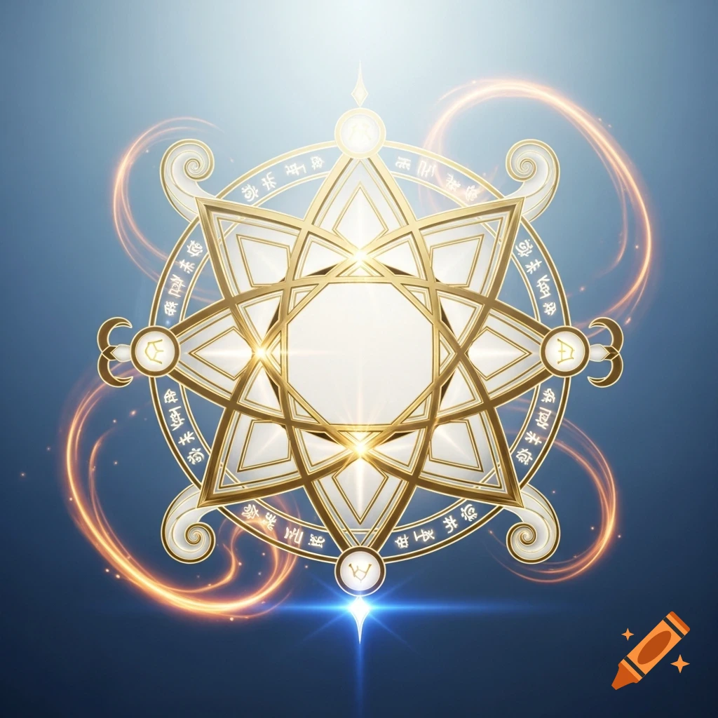A glowing golden and white ornate emblem, featuring a star-like pattern and decorative symbols, set against a blue background with warm light trails.