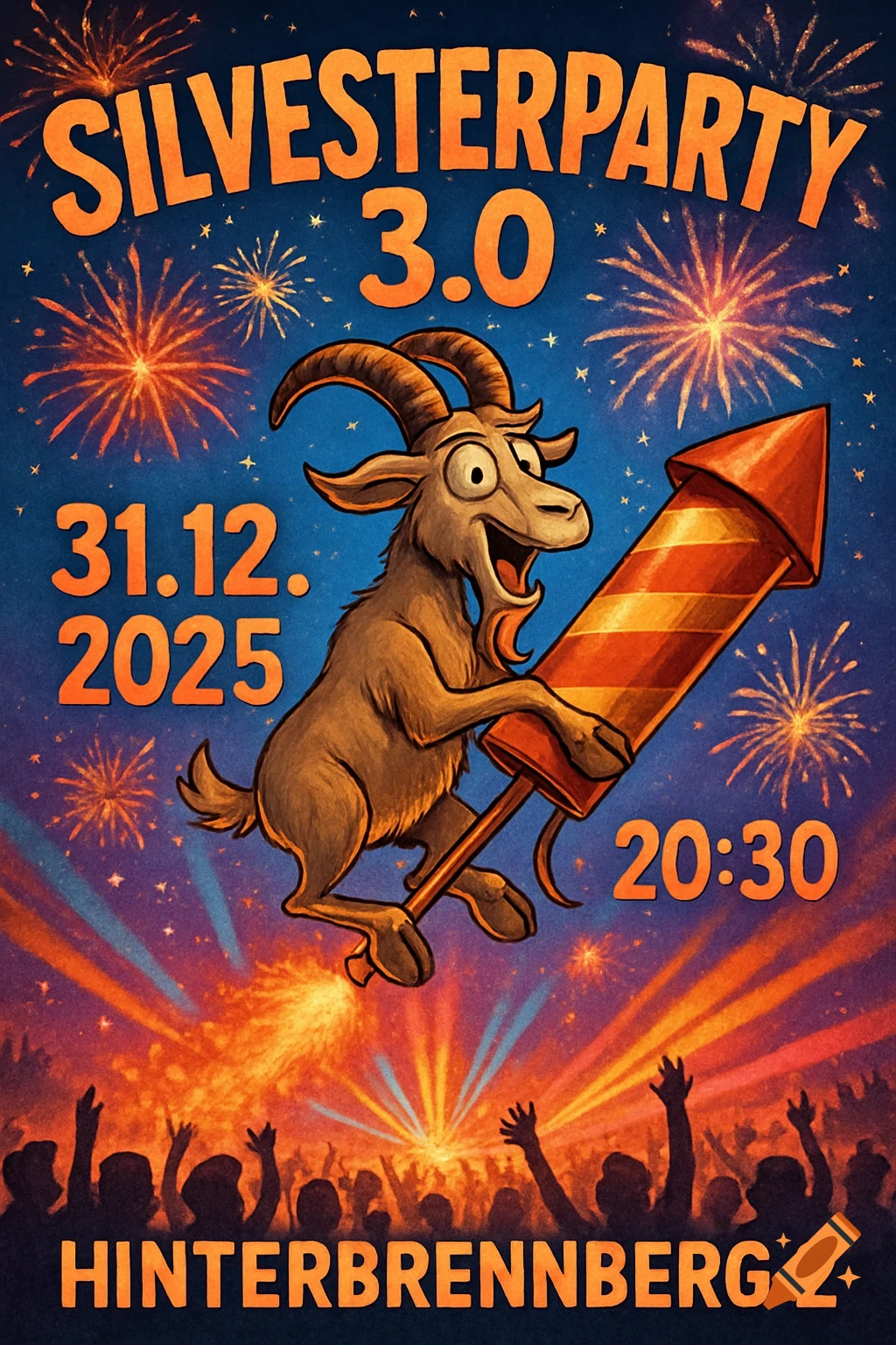 A cartoon flyer for a New Year's Eve party featuring a goat riding a rocket, surrounded by fireworks and silhouetted people. Text: SILVESTERPARTY 3.0, 31.12. 2025, 20:30, HINTERBRENNBERG 2.