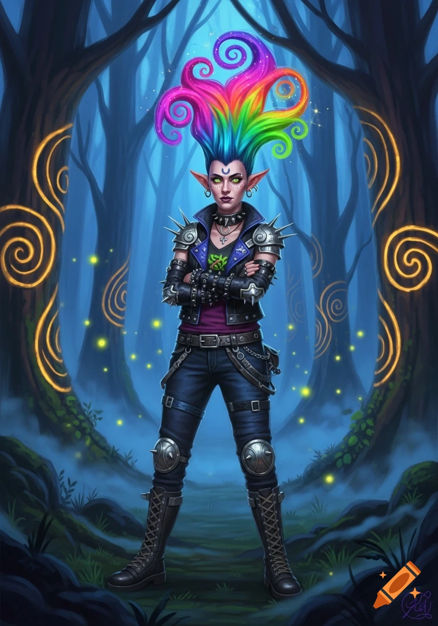 An illustration of a punk elf with vibrant rainbow hair, green skin, and spiked clothing, standing in a magical forest.