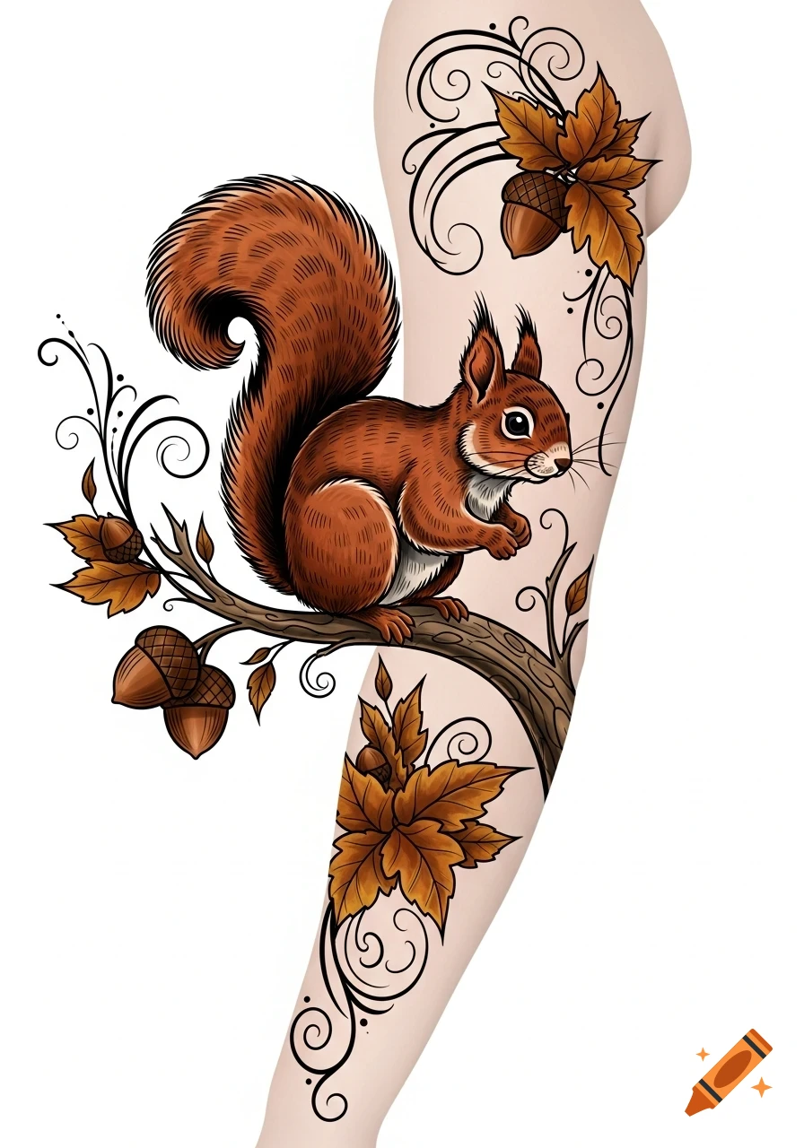 A neo-traditional tattoo design of a brown squirrel on a tree branch with autumn leaves and acorns, on a light-skinned limb.