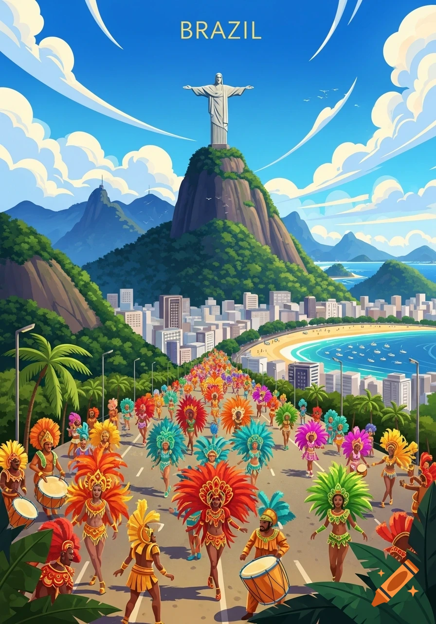 Vibrant illustration of a carnival parade in Rio de Janeiro, Brazil, with Christ the Redeemer statue overlooking the city and beach.