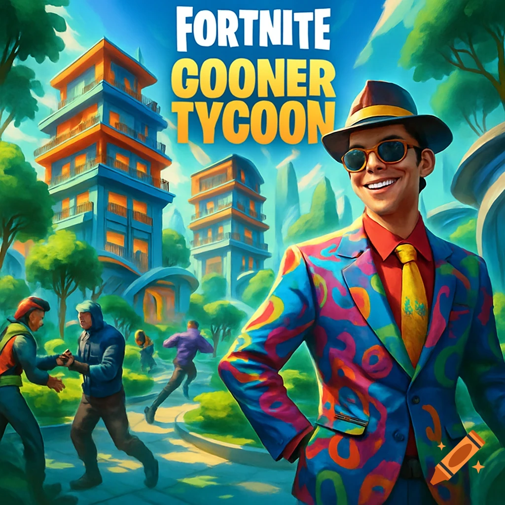 A smiling man in a colorful suit and sunglasses stands in a cartoon city with buildings and other people, with 'FORTNITE GOONER TYCOON' text above.