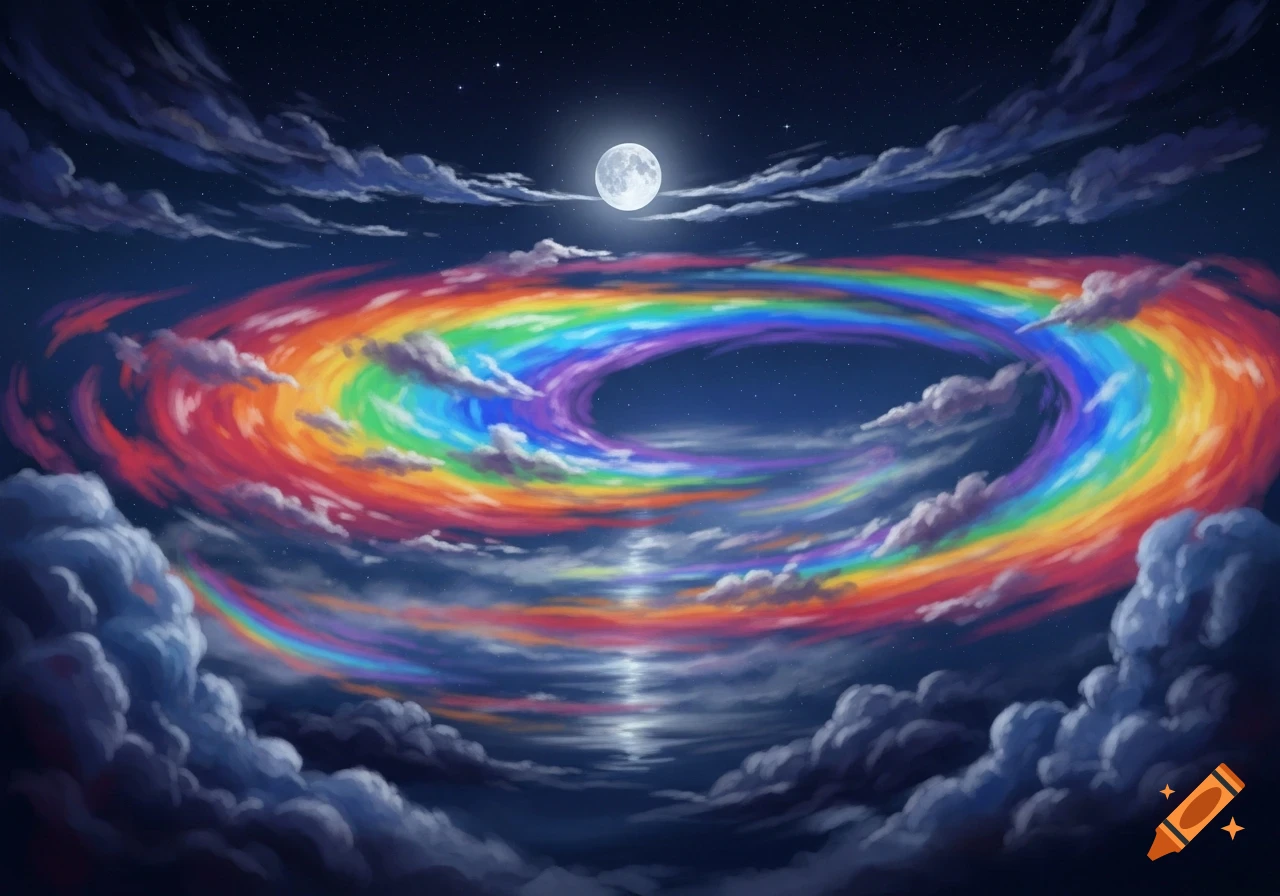 A vibrant rainbow-colored spiral of clouds illuminates a dark midnight sky under a full moon, with stars visible.