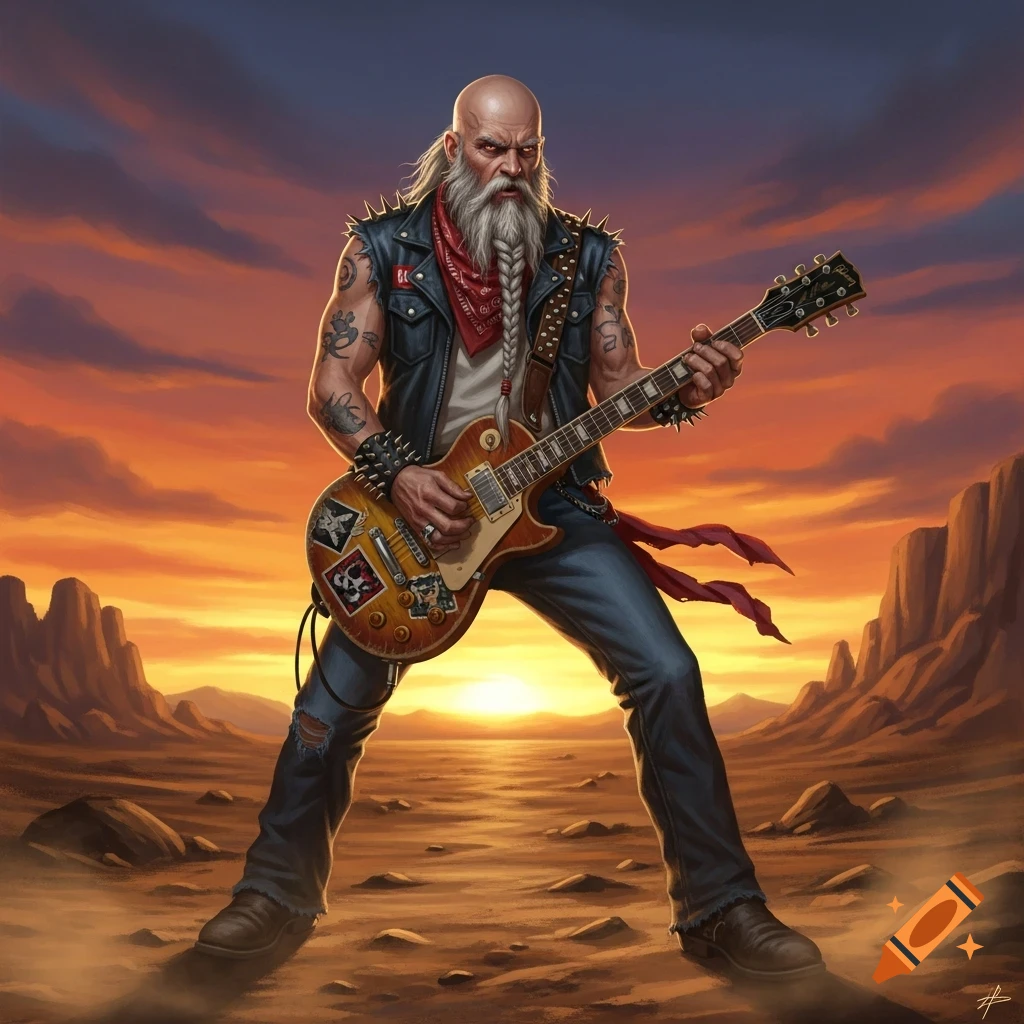 A bald punk rock cowboy with a long braided white beard plays an electric guitar in a desert at sunset, digital illustration.