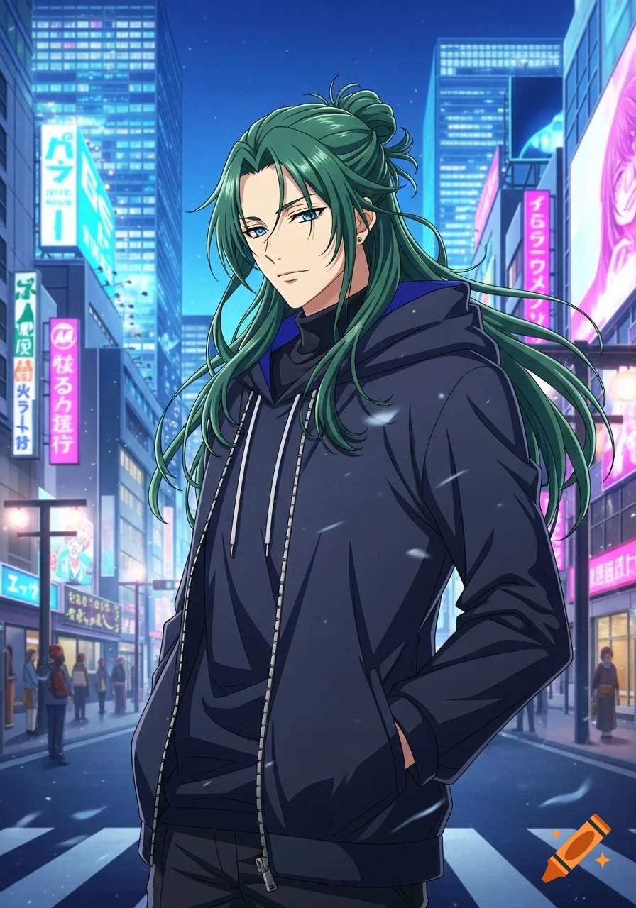 Anime boy with long green hair in a bun and dark hoodie stands on a neon-lit city street at night.