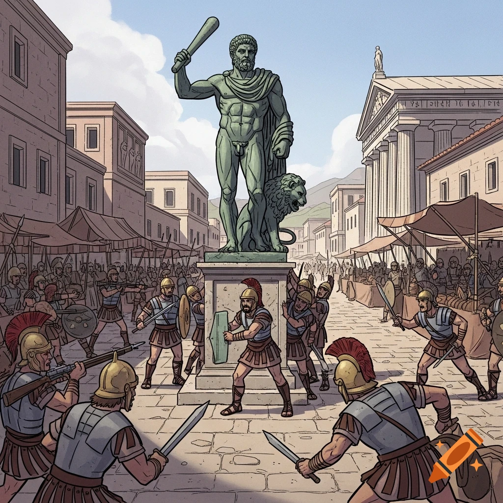 Comic illustration of Roman soldiers clashing around a large Hercules statue in an ancient market square.