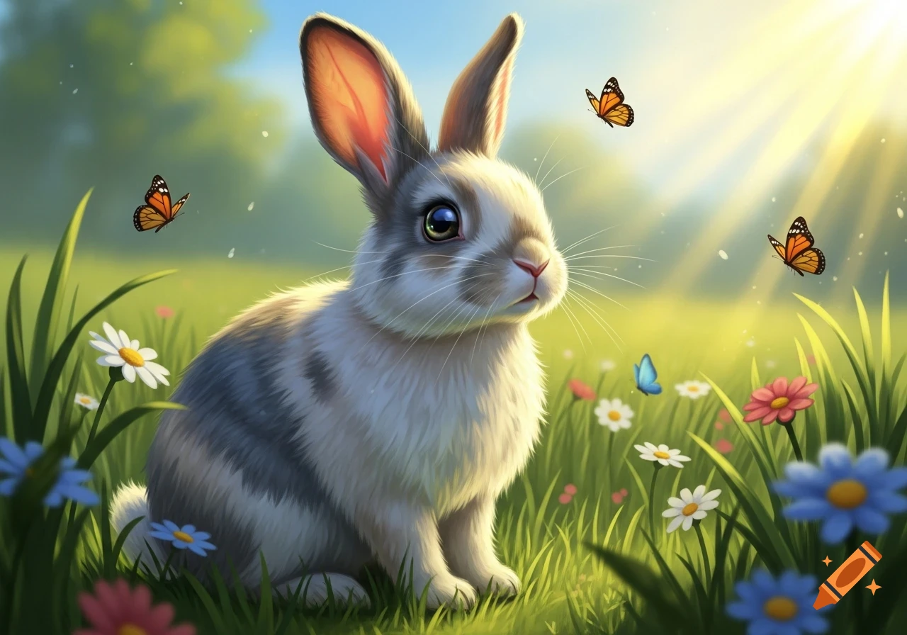 A cute fluffy rabbit sits in a vibrant green meadow filled with ...