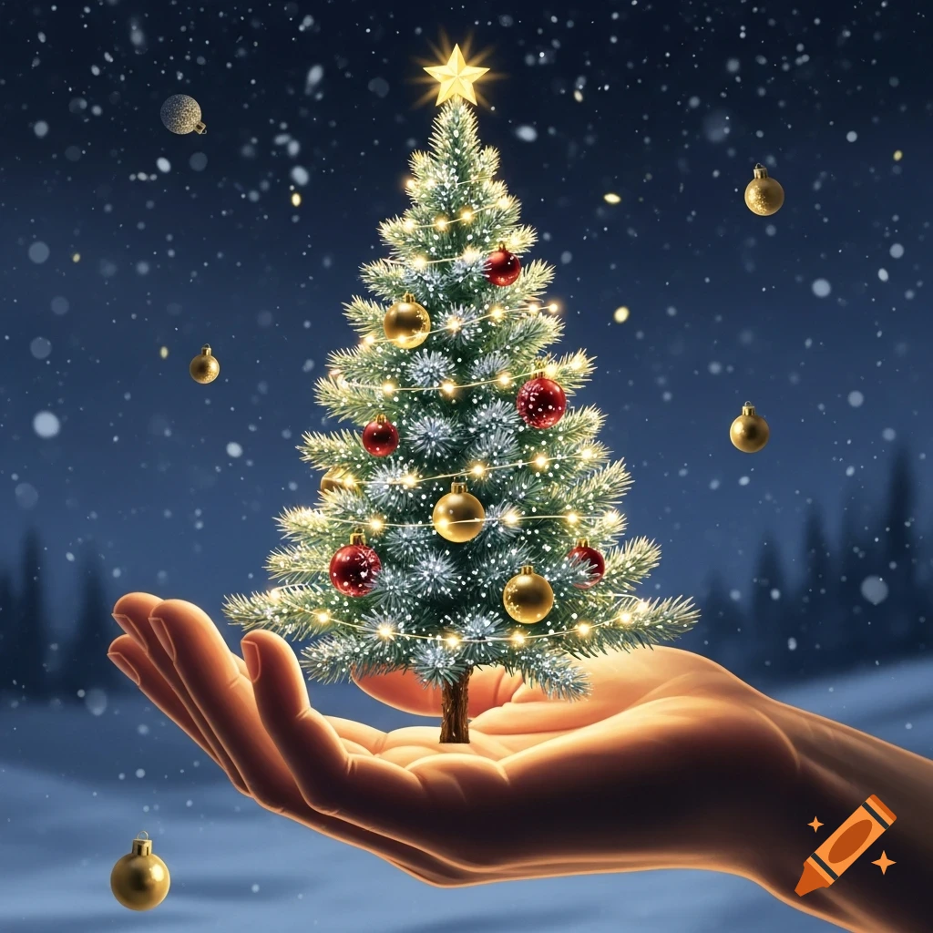 A miniature Christmas tree adorned with lights and red and gold ornaments stands in the palm of a hand under a snowy night sky.