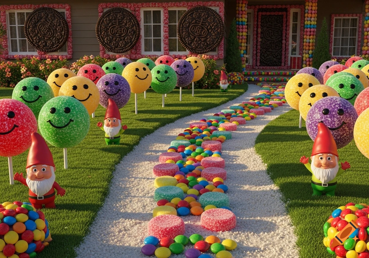 A whimsical house decorated with Oreos, a candy path, and smiling gnomes amidst colorful lollipop bushes in a garden.