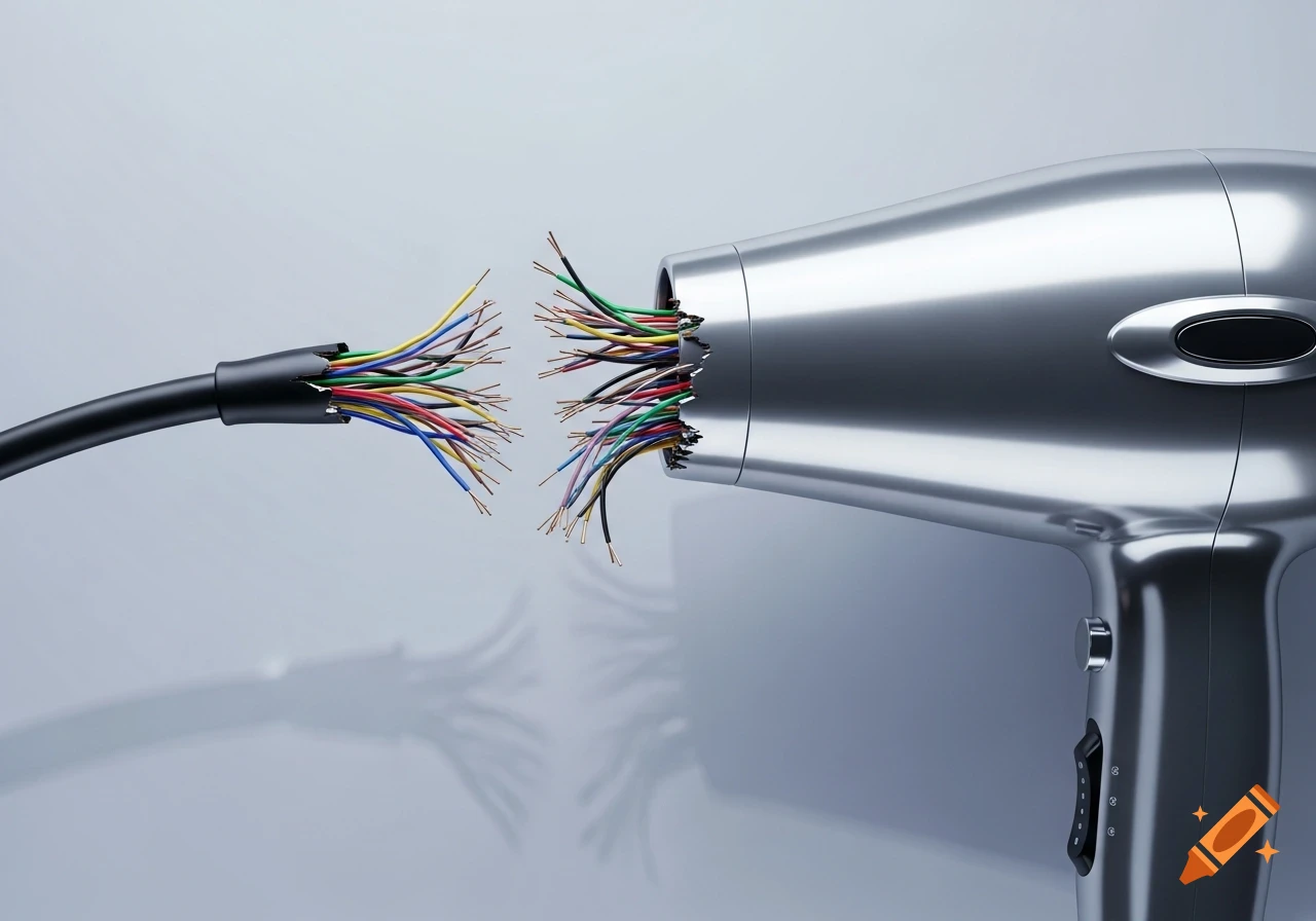 A photorealistic image of a silver hairdryer with its black electrical cable broken and exposed colorful wires.