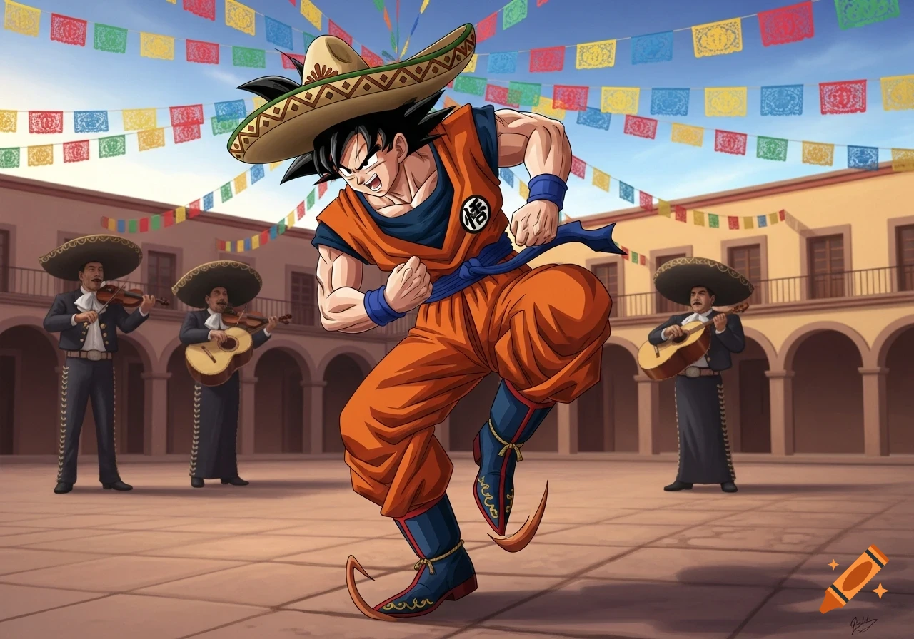 Goku in a sombrero and pointy boots dances in a town square with mariachi musicians and papel picado banners.