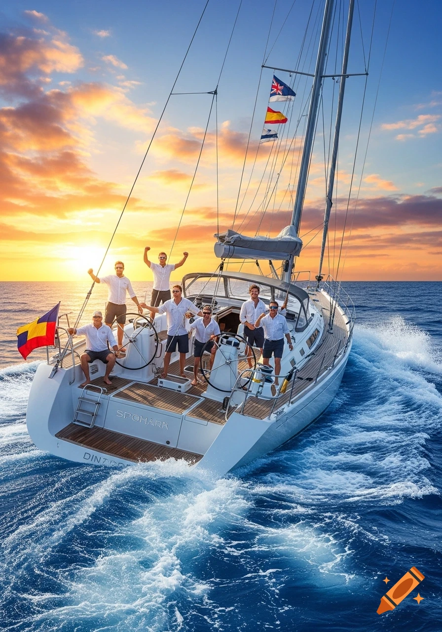 Seven men cheer on a sailboat speeding across the ocean at sunset, leaving a wake behind it.