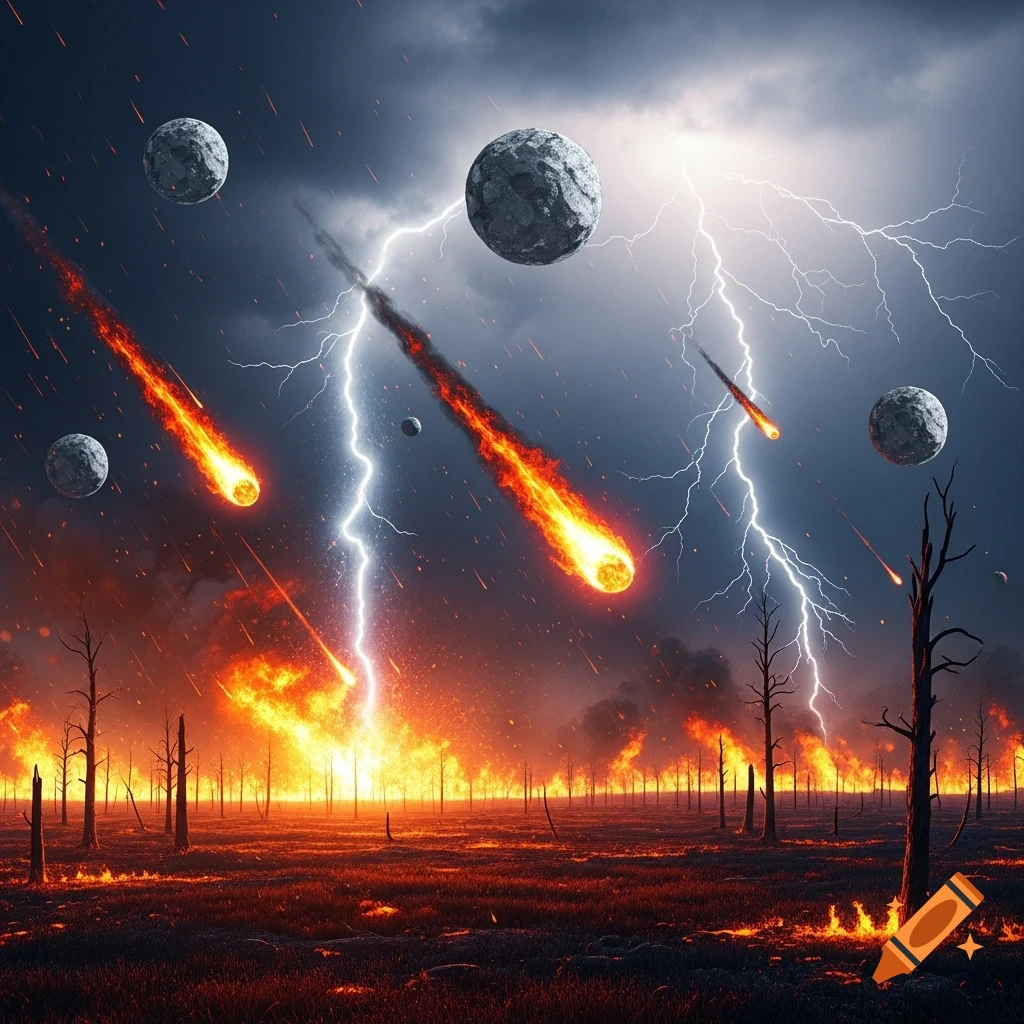 An apocalyptic landscape under a dark, stormy sky, with meteors raining down, lightning striking, and a field of burning, scorched trees.