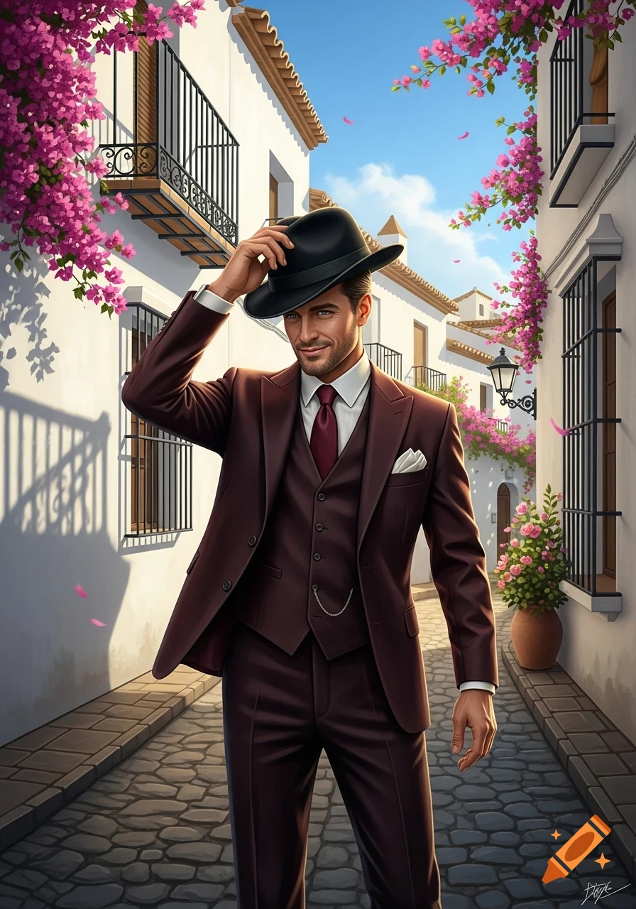 A smiling man in a brown suit and fedora tips his hat on a cobblestone street with white buildings and pink flowers.