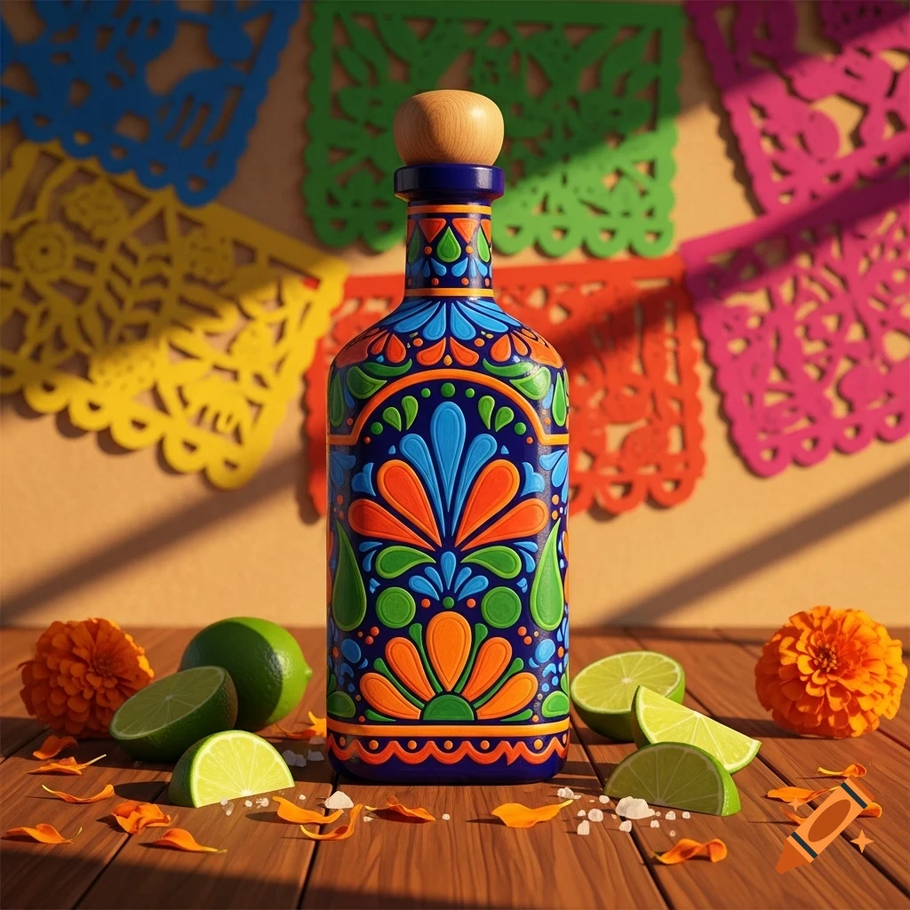 A vibrantly patterned tequila bottle on a wooden table with lime wedges, marigold flowers, salt, and colorful paper banners in the background.