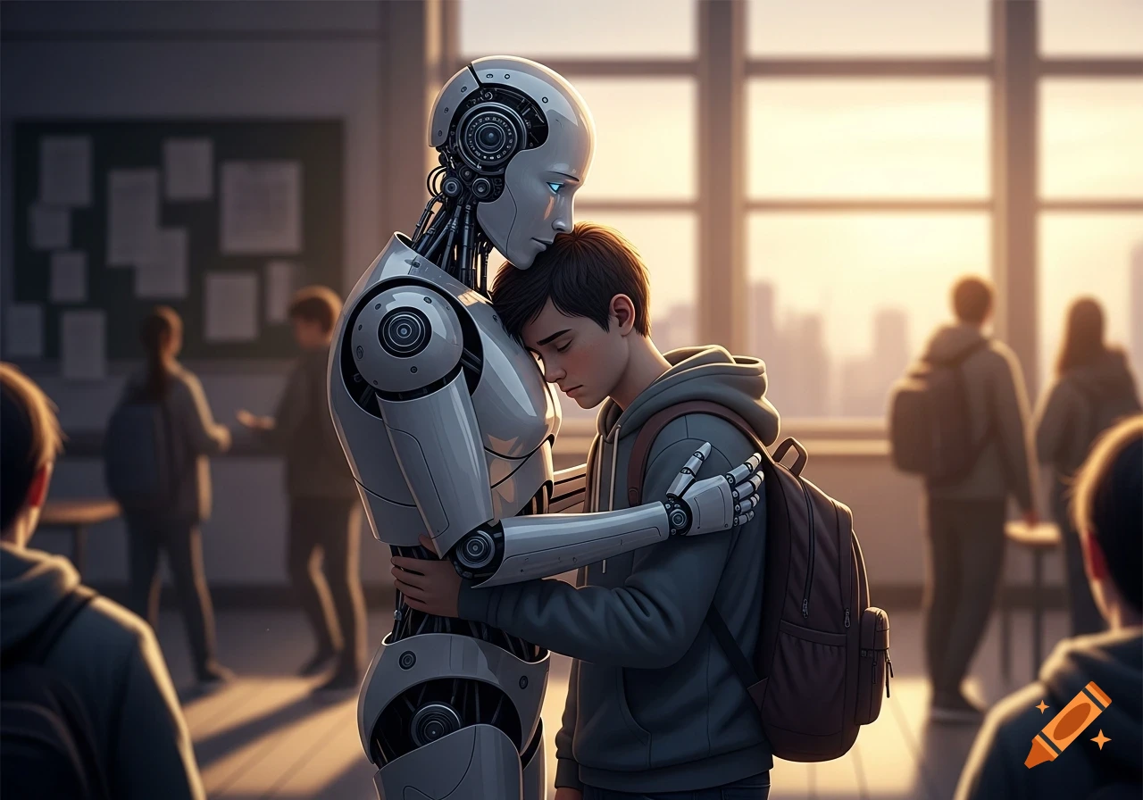 A sleek white robot with glowing blue eyes gently hugs a sad teenage boy with a backpack in a sunlit school classroom.