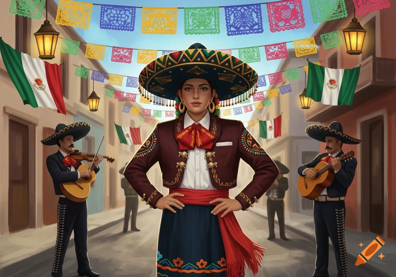 A woman in a sombrero and charro outfit stands prominently in a vibrant street scene with mariachi musicians, Mexican flags, and decorative banners.