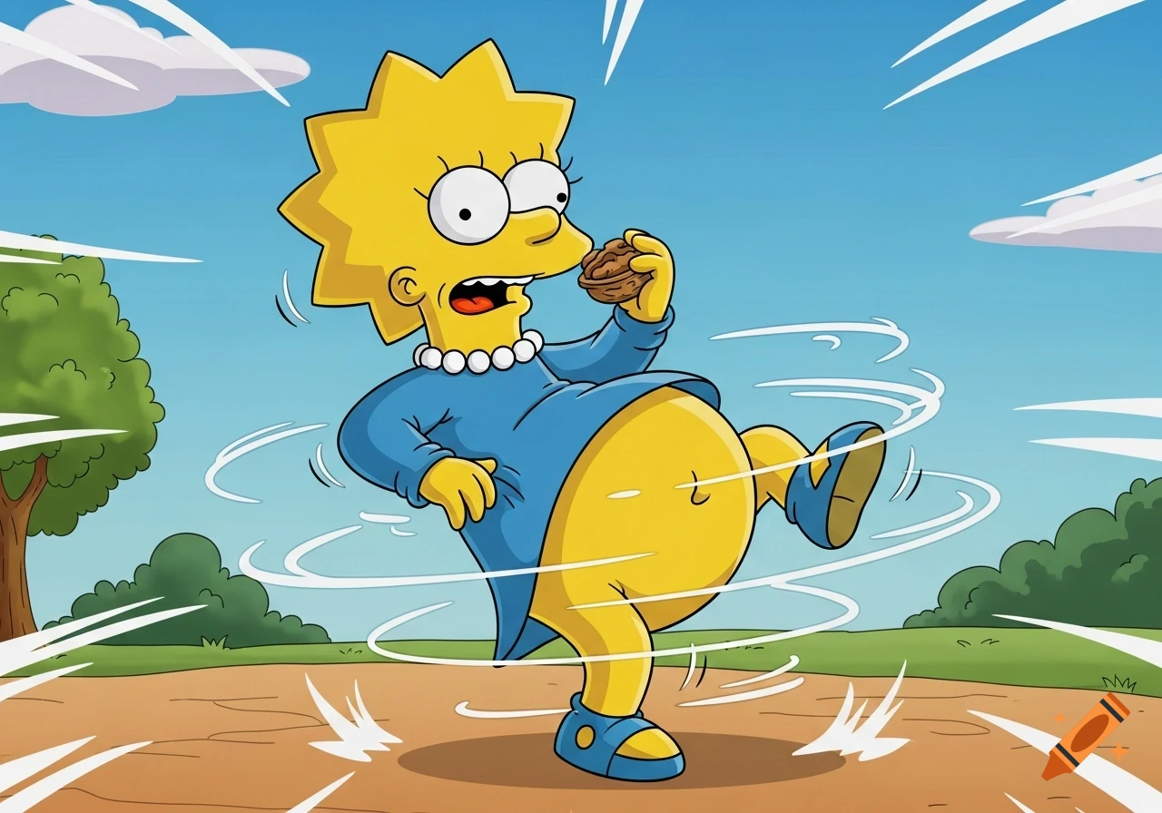 Lisa Simpson with a humorous expression, her large yellow belly spinning wildly while she eats a walnut, in a vibrant cartoon style outdoors.