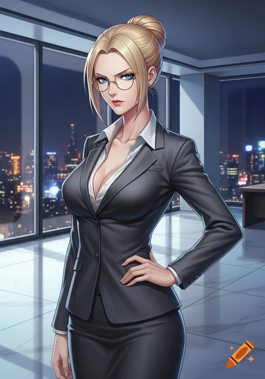 An anime woman with blonde hair in a bun, glasses, and a stern expression, wearing a low-cut business suit in an office overlooking a city at night.