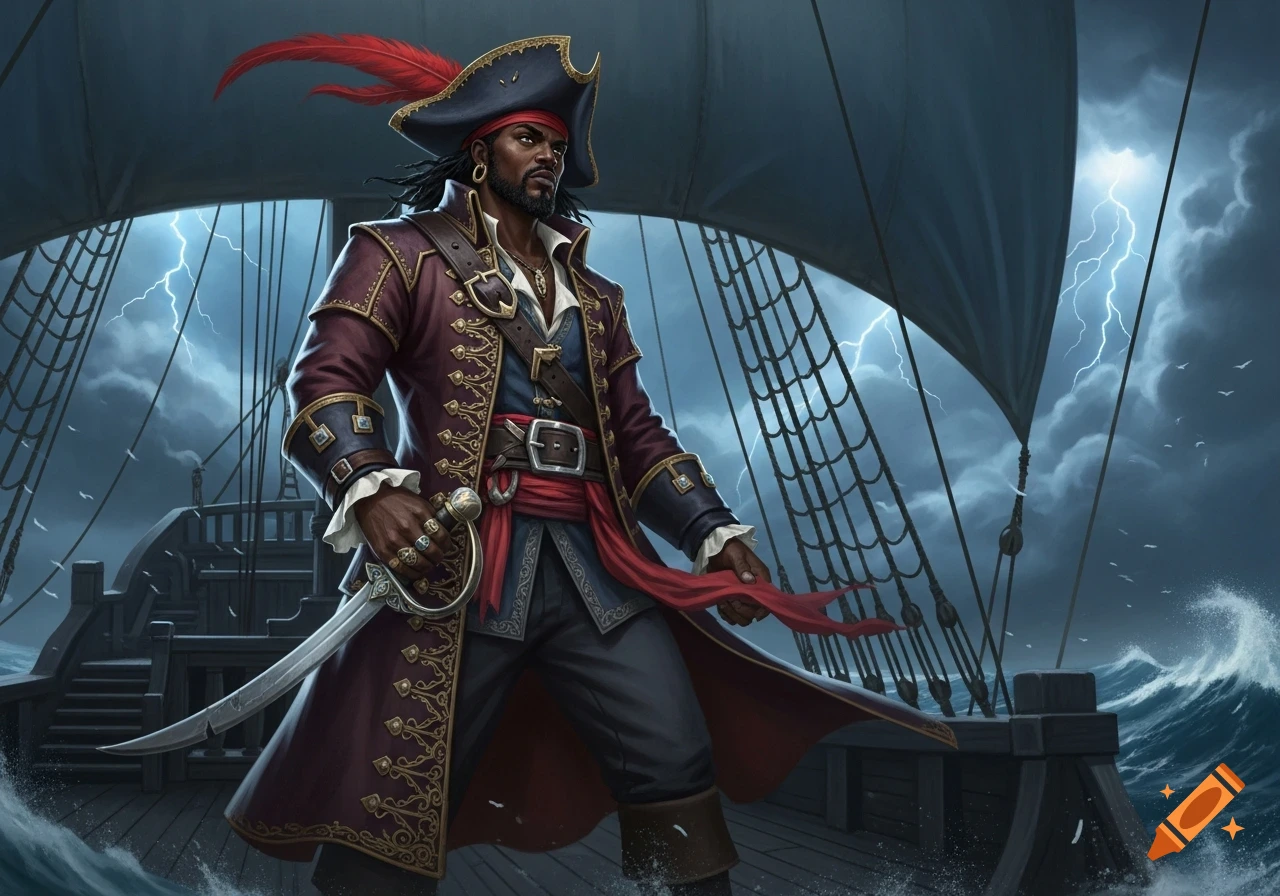 A Black male pirate stands on a ship during a stormy lightning sky, holding a saber.