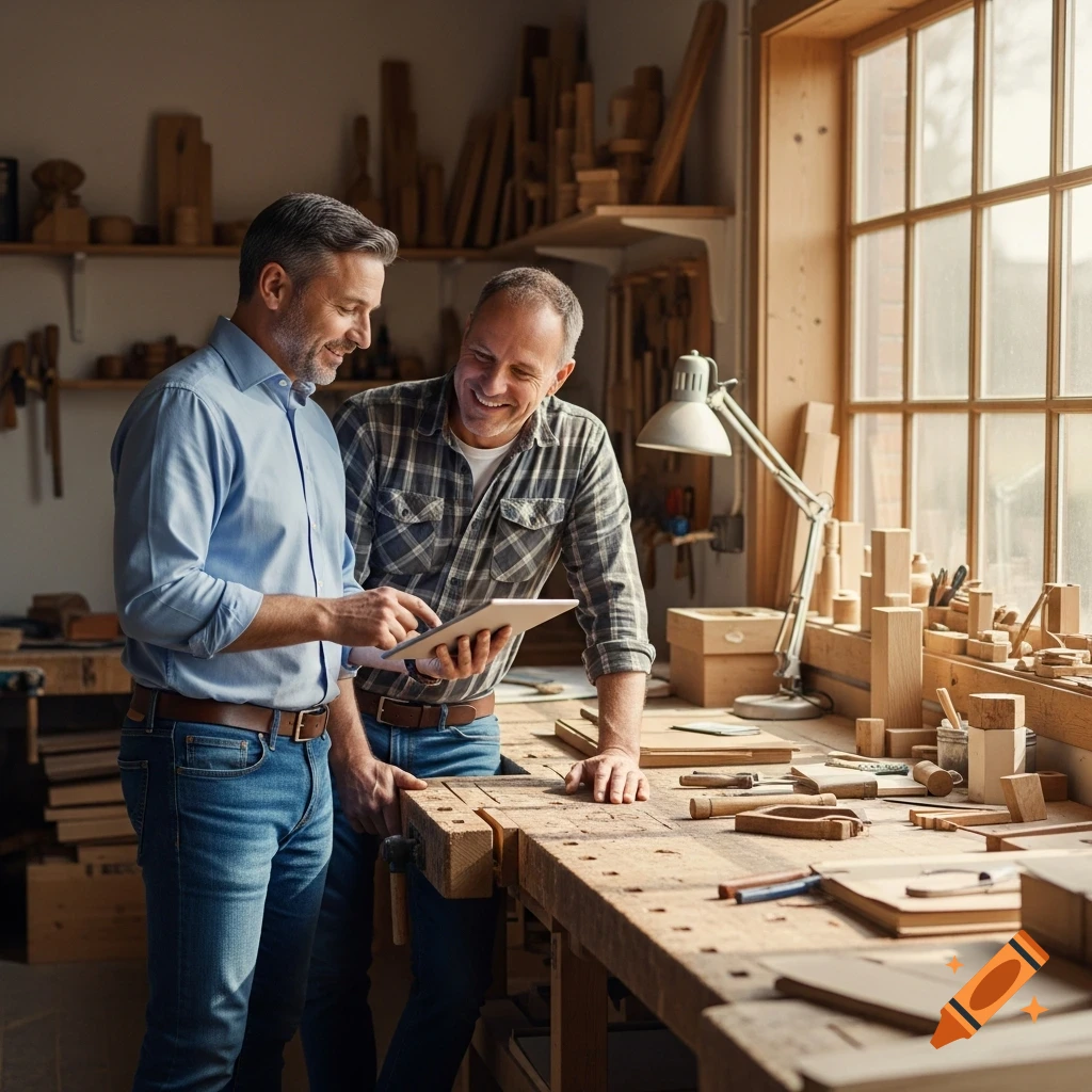 Two smiling men review a tablet in a sunlit woodworking workshop, surrounded by tools and wood.