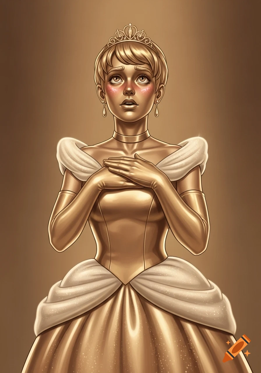 A gold statue of a short-haired person in a Disney-style ballgown, blushing faintly, with hands clasped to the chest and looking up with a flustered expression.