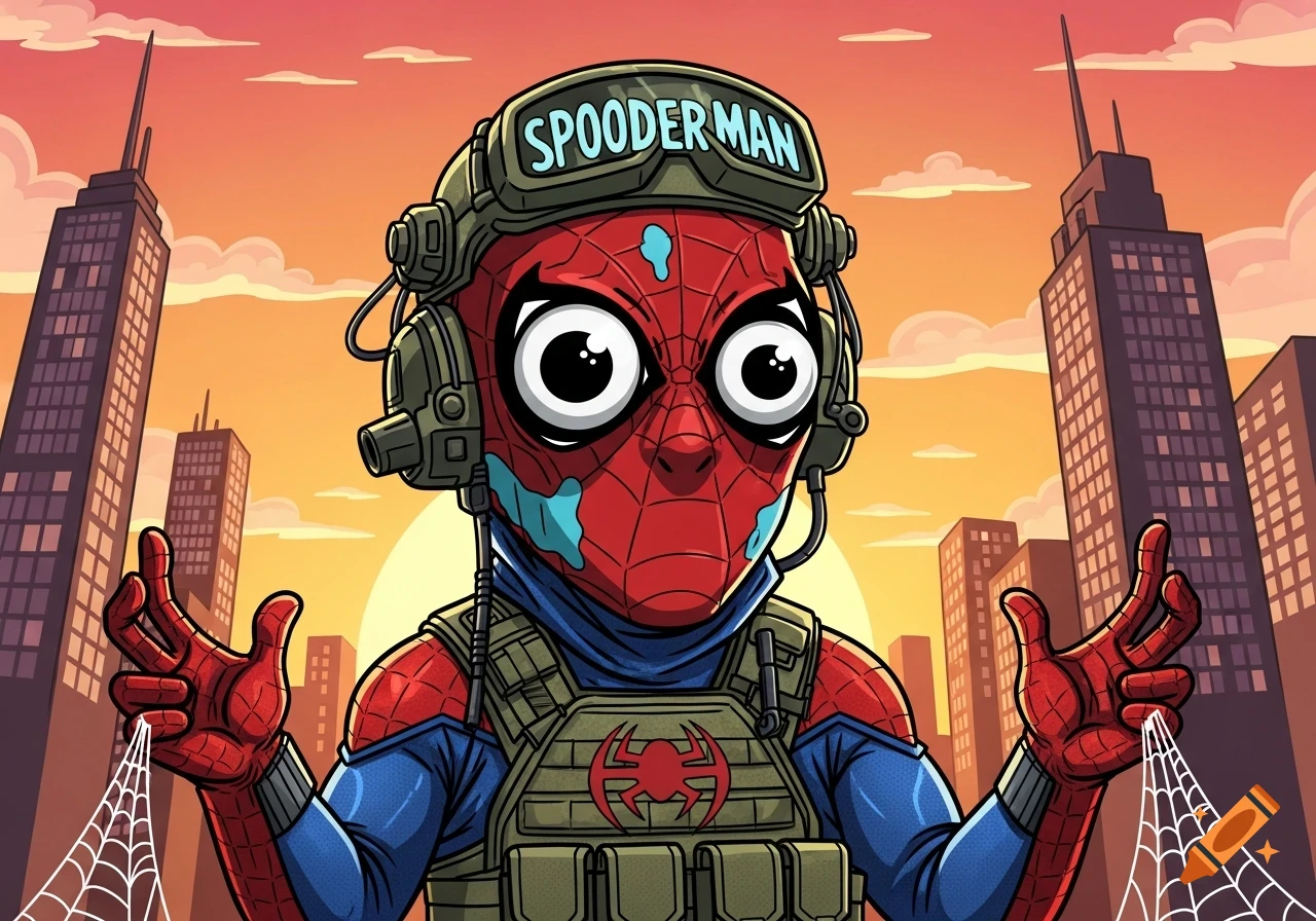 A cartoon Spooderman in a tactical vest, headset, and big eyes, hands out with webs, set against a city sunset.