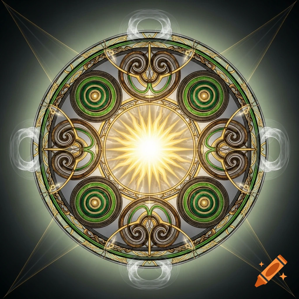 An intricate Celtic spirit wheel mandala with a glowing sun center, featuring green and gold patterns on a dark background.