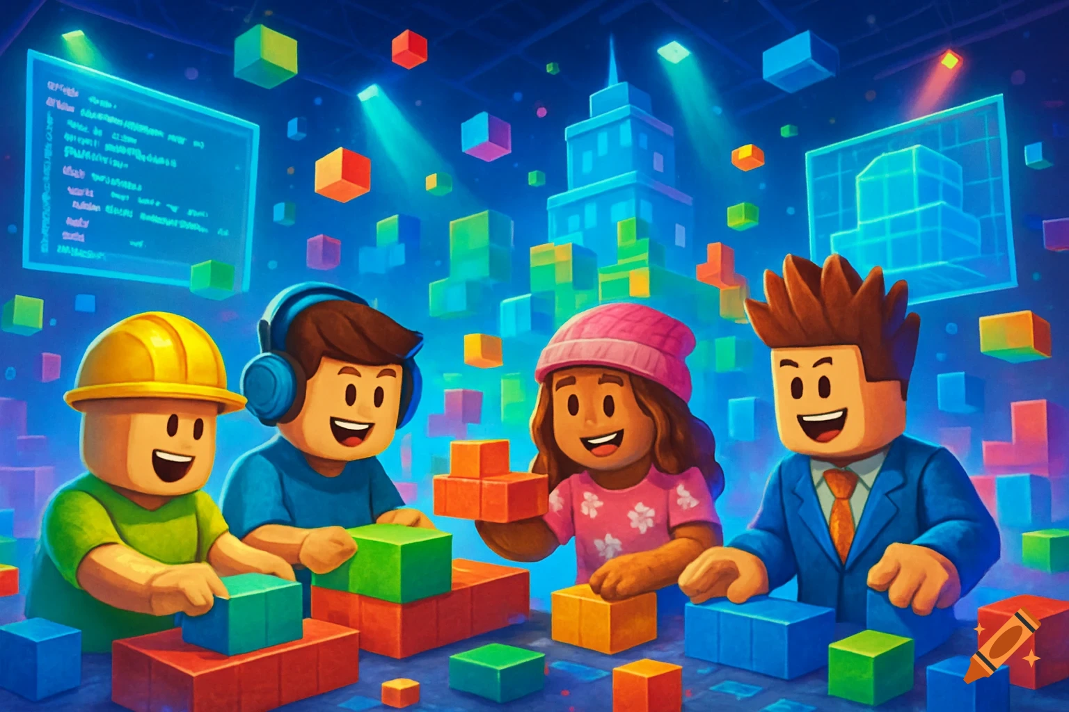 Four Roblox-style characters building with colorful blocks in a vibrant digital world with floating cubes and code screens.