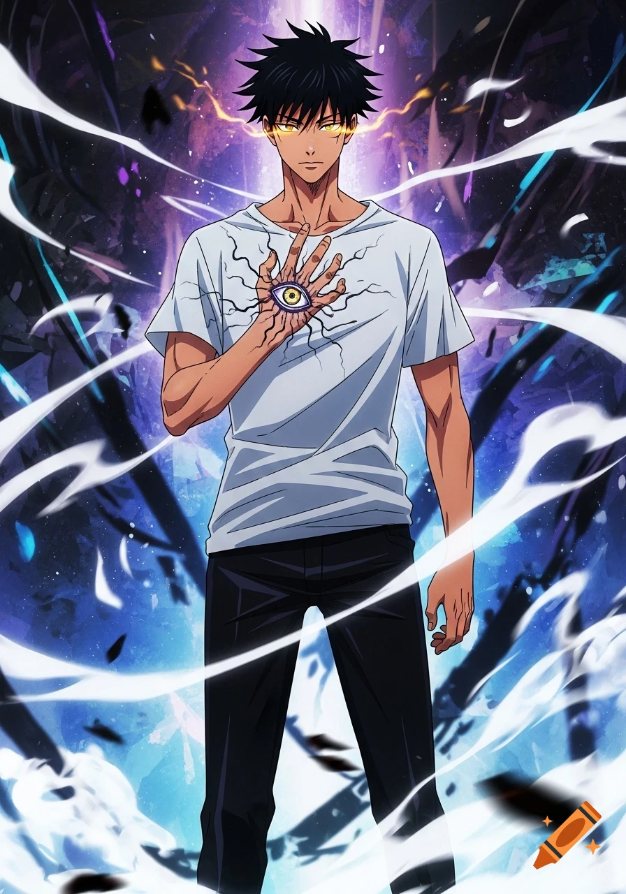 Anime illustration of a tanned man with spiky black hair, glowing yellow eyes, a white t-shirt, and an eye on his hand, surrounded by a magical aura.